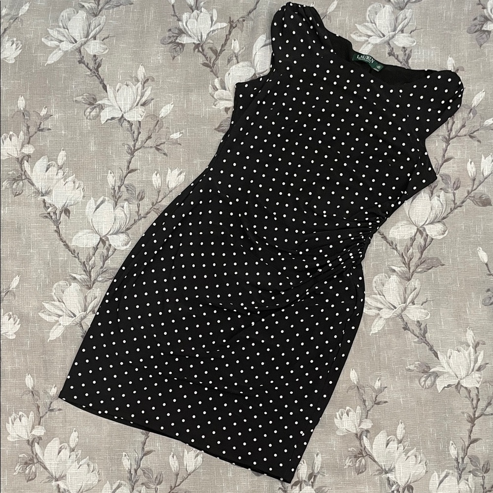 Lauren Ralph Lauren Black & White Polka Dot Sheath Dress Ruched Side Size 14